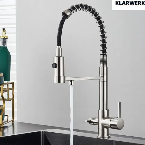 KLARWERK® Bernd | Flex 3-Wege Armatur Edelstahl Schwarz Gastronomie | Filter Wasserhahn Küche mit Feder | Osmose Mischbatterie U-Auslauf 3 Anschlüsse