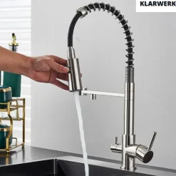 KLARWERK® Bernd | Flex 3-Wege Armatur Edelstahl Schwarz Gastronomie | Filter Wasserhahn Küche mit Feder | Osmose Mischbatterie U-Auslauf 3 Anschlüsse
