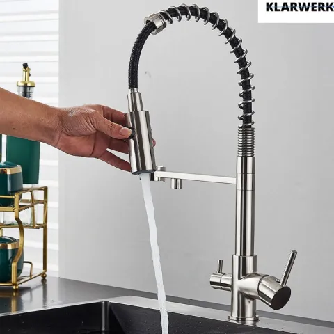 KLARWERK® Bernd | Flex 3-Wege Armatur Edelstahl Schwarz Gastronomie | Filter Wasserhahn Küche mit Feder | Osmose Mischbatterie U-Auslauf 3 Anschlüsse