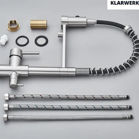 KLARWERK® Bernd | Flex 3-Wege Armatur Edelstahl Schwarz Gastronomie | Filter Wasserhahn Küche mit Feder | Osmose Mischbatterie U-Auslauf 3 Anschlüsse