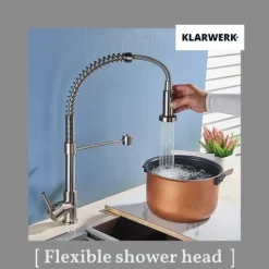 KLARWERK® Bernd | Gastronomie Küchenarmatur Silber gebürstet mit Feder |Edelstahl Wasserhahn Küche |Mischbatterie 360° drehbar |Hochdruck 2 Anschlüsse