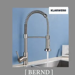 KLARWERK® Bernd | Gastronomie Küchenarmatur Silber gebürstet mit Feder |Edelstahl Wasserhahn Küche |Mischbatterie 360° drehbar |Hochdruck 2 Anschlüsse