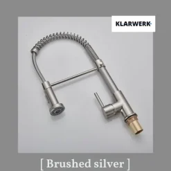 KLARWERK® Bernd | Gastronomie Küchenarmatur Silber gebürstet mit Feder |Edelstahl Wasserhahn Küche |Mischbatterie 360° drehbar |Hochdruck 2 Anschlüsse