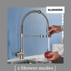 KLARWERK® Bernd | Gastronomie Küchenarmatur Silber gebürstet mit Feder |Edelstahl Wasserhahn Küche |Mischbatterie 360° drehbar |Hochdruck 2 Anschlüsse