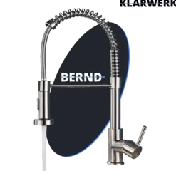 KLARWERK® Bernd | Gastronomie Küchenarmatur Silber gebürstet mit Feder |Edelstahl Wasserhahn Küche |Mischbatterie 360° drehbar |Hochdruck 2 Anschlüsse