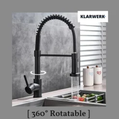 KLARWERK® Bernd | Gastronomie Küchenarmatur Schwarz mit Feder | Flex Edelstahl Wasserhahn Küche | Mischbatterie 360° drehbar | Hochdruck 2 Anschlüsse