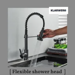 KLARWERK® Bernd | Gastronomie Küchenarmatur Schwarz mit Feder | Flex Edelstahl Wasserhahn Küche | Mischbatterie 360° drehbar | Hochdruck 2 Anschlüsse