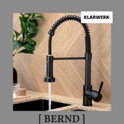 KLARWERK® Bernd | Gastronomie Küchenarmatur Schwarz mit Feder | Flex Edelstahl Wasserhahn Küche | Mischbatterie 360° drehbar | Hochdruck 2 Anschlüsse