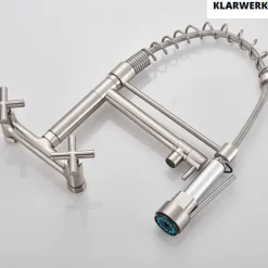 KLARWERK® Björn | Gastronomie Armatur Wandmontage Silber | Profi Küchenarmatur Edelstahl Zwei Brausen Feder | Doppelspülbecken Wasserhahn Restaurant