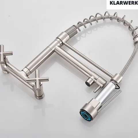 KLARWERK® Björn | Gastronomie Armatur Wandmontage Silber | Profi Küchenarmatur Edelstahl Zwei Brausen Feder | Doppelspülbecken Wasserhahn Restaurant