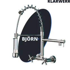 KLARWERK® Björn | Gastronomie Armatur Wandmontage Silber | Profi Küchenarmatur Edelstahl Zwei Brausen Feder | Doppelspülbecken Wasserhahn Restaurant