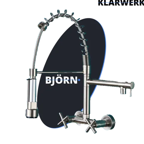 KLARWERK® Björn | Gastronomie Armatur Wandmontage Silber | Profi Küchenarmatur Edelstahl Zwei Brausen Feder | Doppelspülbecken Wasserhahn Restaurant