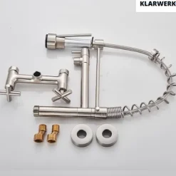 KLARWERK® Björn | Gastronomie Armatur Wandmontage Silber | Profi Küchenarmatur Edelstahl Zwei Brausen Feder | Doppelspülbecken Wasserhahn Restaurant
