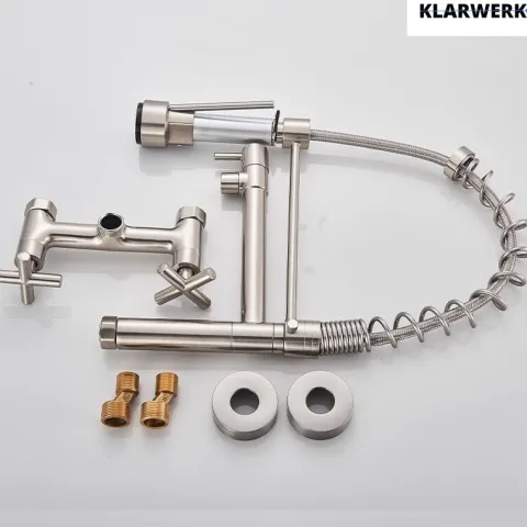 KLARWERK® Björn | Gastronomie Armatur Wandmontage Silber | Profi Küchenarmatur Edelstahl Zwei Brausen Feder | Doppelspülbecken Wasserhahn Restaurant