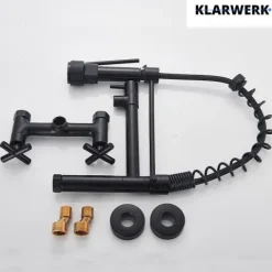 KLARWERK® Björn | Gastronomie Armatur Wandmontage Schwarz | Profi Küchenarmatur Edelstahl Zwei Brausen Feder | Doppelspülbecken Wasserhahn Restaurant