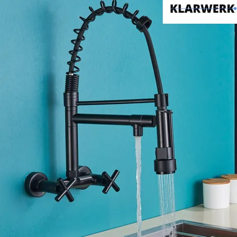KLARWERK® Björn | Gastronomie Armatur Wandmontage Schwarz | Profi Küchenarmatur Edelstahl Zwei Brausen Feder | Doppelspülbecken Wasserhahn Restaurant