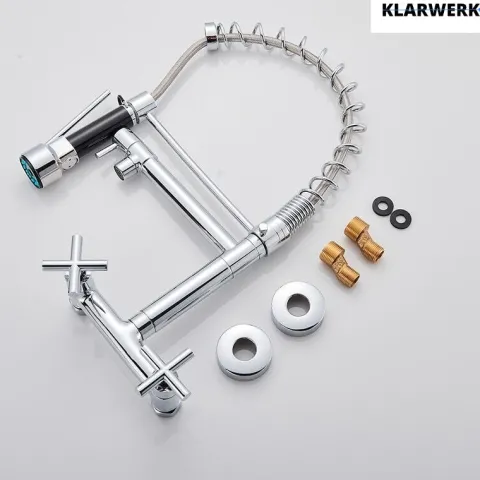 KLARWERK® Björn | Gastronomie Armatur Wandmontage Chrom | Profi Küchenarmatur Edelstahl Zwei Brausen Feder | Doppelspülbecken Wasserhahn Restaurant