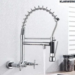 KLARWERK® Björn | Gastronomie Armatur Wandmontage Chrom | Profi Küchenarmatur Edelstahl Zwei Brausen Feder | Doppelspülbecken Wasserhahn Restaurant