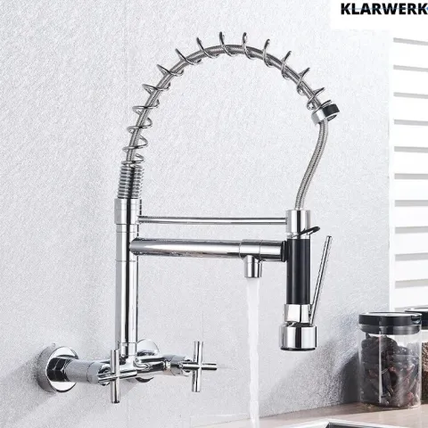 KLARWERK® Björn | Gastronomie Armatur Wandmontage Chrom | Profi Küchenarmatur Edelstahl Zwei Brausen Feder | Doppelspülbecken Wasserhahn Restaurant