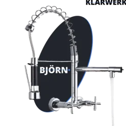 KLARWERK® Björn | Gastronomie Armatur Wandmontage Chrom | Profi Küchenarmatur Edelstahl Zwei Brausen Feder | Doppelspülbecken Wasserhahn Restaurant