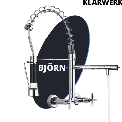 KLARWERK® Björn | Gastronomie Armatur Wandmontage Chrom | Profi Küchenarmatur Edelstahl Zwei Brausen Feder | Doppelspülbecken Wasserhahn Restaurant