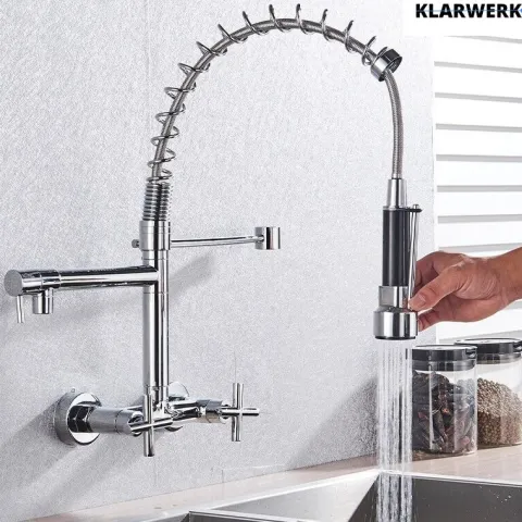 KLARWERK® Björn | Gastronomie Armatur Wandmontage Chrom | Profi Küchenarmatur Edelstahl Zwei Brausen Feder | Doppelspülbecken Wasserhahn Restaurant