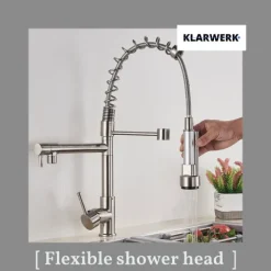 KLARWERK® Björn | Gastronomie Küchenarmatur Silber gebürstet mit Zwei Brausen | Edelstahl Wasserhahn Küche 2 Anschlüsse | Doppelspülbecken Restaurant