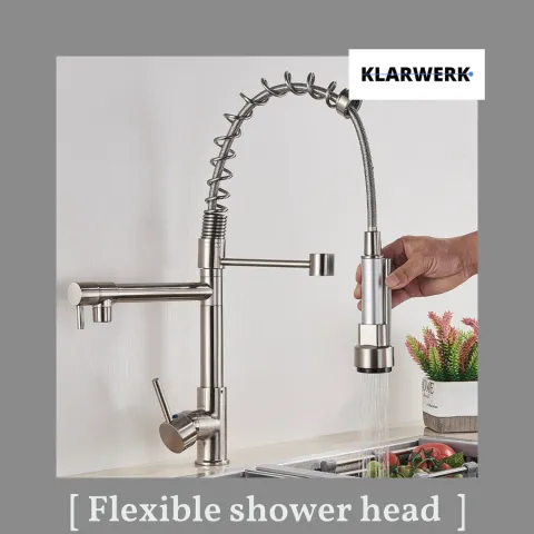 KLARWERK® Björn | Gastronomie Küchenarmatur Silber gebürstet mit Zwei Brausen | Edelstahl Wasserhahn Küche 2 Anschlüsse | Doppelspülbecken Restaurant