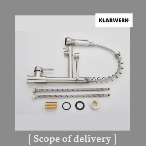 KLARWERK® Björn | Gastronomie Küchenarmatur Silber gebürstet mit Zwei Brausen | Edelstahl Wasserhahn Küche 2 Anschlüsse | Doppelspülbecken Restaurant