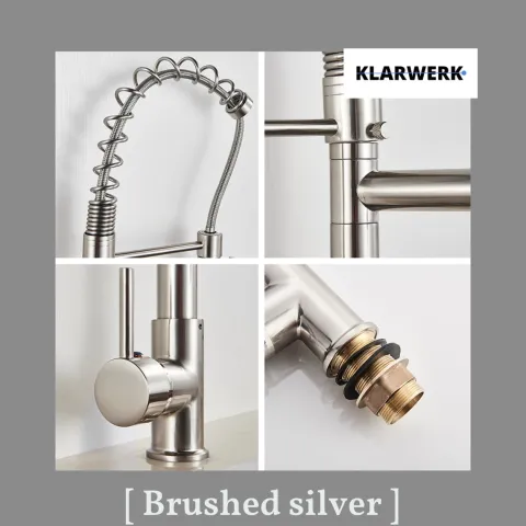 KLARWERK® Björn | Gastronomie Küchenarmatur Silber gebürstet mit Zwei Brausen | Edelstahl Wasserhahn Küche 2 Anschlüsse | Doppelspülbecken Restaurant