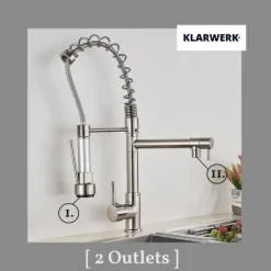 KLARWERK® Björn | Gastronomie Küchenarmatur Silber gebürstet mit Zwei Brausen | Edelstahl Wasserhahn Küche 2 Anschlüsse | Doppelspülbecken Restaurant