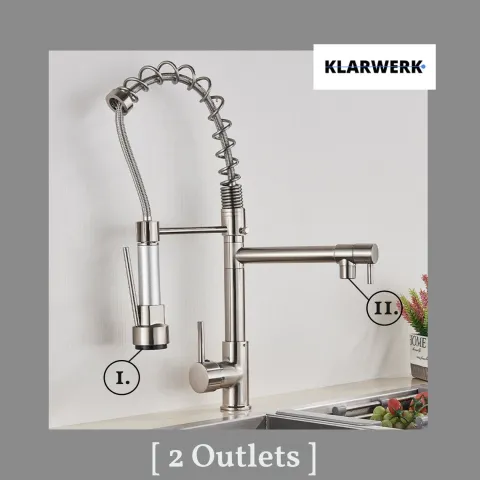 KLARWERK® Björn | Gastronomie Küchenarmatur Silber gebürstet mit Zwei Brausen | Edelstahl Wasserhahn Küche 2 Anschlüsse | Doppelspülbecken Restaurant