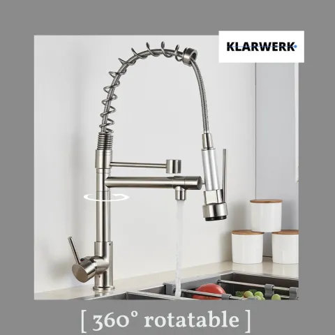 KLARWERK® Björn | Gastronomie Küchenarmatur Silber gebürstet mit Zwei Brausen | Edelstahl Wasserhahn Küche 2 Anschlüsse | Doppelspülbecken Restaurant