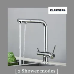 KLARWERK® Felix | ausziehbare 3-Wege Armatur Edelstahl Chrom Glanz | Filter Trinkwasser Wasserhahn Küche | Osmose Mischbatterie L-Auslauf 3 Anschlüsse