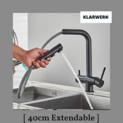 KLARWERK® Felix | ausziehbare 3-Wege Armatur Edelstahl Schwarz matt| Filter Trinkwasser Wasserhahn Küche | Osmose Mischbatterie L-Auslauf 3 Anschlüsse