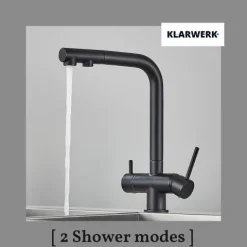 KLARWERK® Felix | ausziehbare 3-Wege Armatur Edelstahl Schwarz matt| Filter Trinkwasser Wasserhahn Küche | Osmose Mischbatterie L-Auslauf 3 Anschlüsse