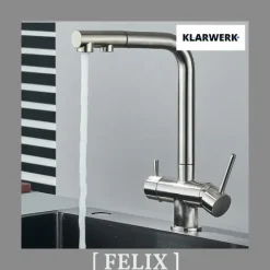 KLARWERK® Felix | ausziehbare 3-Wege Armatur Edelstahl Silber | Filter Trinkwasser Wasserhahn Küche | Osmose Mischbatterie L-Auslauf 3 Anschlüsse