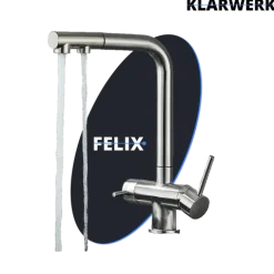 KLARWERK® Felix | ausziehbare 3-Wege Armatur Edelstahl Silber | Filter Trinkwasser Wasserhahn Küche | Osmose Mischbatterie L-Auslauf 3 Anschlüsse