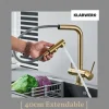 KLARWERK® Felix | ausziehbare 3-Wege Armatur Edelstahl Gold matt| Filter Trinkwasser Wasserhahn Küche | Osmose Mischbatterie L-Auslauf 3 Anschlüsse