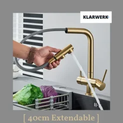 KLARWERK® Felix | ausziehbare 3-Wege Armatur Edelstahl Gold matt| Filter Trinkwasser Wasserhahn Küche | Osmose Mischbatterie L-Auslauf 3 Anschlüsse