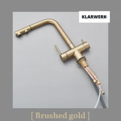 KLARWERK® Felix | ausziehbare 3-Wege Armatur Edelstahl Gold matt| Filter Trinkwasser Wasserhahn Küche | Osmose Mischbatterie L-Auslauf 3 Anschlüsse