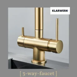 KLARWERK® Felix | ausziehbare 3-Wege Armatur Edelstahl Gold matt| Filter Trinkwasser Wasserhahn Küche | Osmose Mischbatterie L-Auslauf 3 Anschlüsse