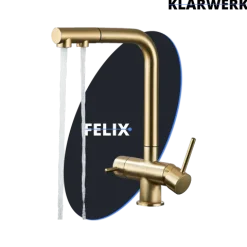 KLARWERK® Felix | ausziehbare 3-Wege Armatur Edelstahl Gold matt| Filter Trinkwasser Wasserhahn Küche | Osmose Mischbatterie L-Auslauf 3 Anschlüsse