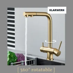 KLARWERK® Felix | ausziehbare 3-Wege Armatur Edelstahl Gold matt| Filter Trinkwasser Wasserhahn Küche | Osmose Mischbatterie L-Auslauf 3 Anschlüsse