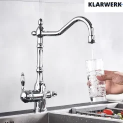 KLARWERK® Felix | 3-Wege Armatur Edelstahl Silber gebürstet | Filter Trinkwasser Wasserhahn Küche | 360° Osmose Mischbatterie U-Auslauf 3 Anschlüsse