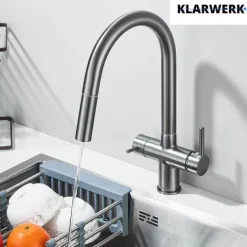 KLARWERK® Jana | ausziehbare 3-Wege Armatur Edelstahl Titangrau | Filter Trinkwasser Wasserhahn Küche | Osmose Mischbatterie U-Auslauf 3 Anschlüsse