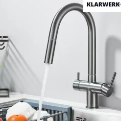KLARWERK® Jana | ausziehbare 3-Wege Armatur Edelstahl Titangrau | Filter Trinkwasser Wasserhahn Küche | Osmose Mischbatterie U-Auslauf 3 Anschlüsse