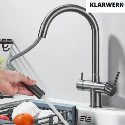 KLARWERK® Jana | ausziehbare 3-Wege Armatur Edelstahl Titangrau | Filter Trinkwasser Wasserhahn Küche | Osmose Mischbatterie U-Auslauf 3 Anschlüsse