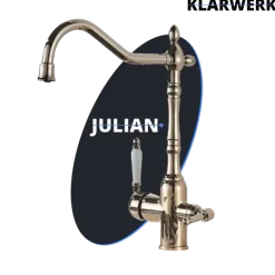KLARWERK® Julian | Retro 3-Wege Armatur Edelstahl Gold glänzend | Vintage Filter Wasserhahn Küche | 360° Osmose Mischbatterie U-Auslauf 3 Anschlüsse