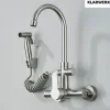 KLARWERK® Julie | Gastronomie Armatur Wandmontage Schwarz | Edelstahl Profi Küchenarmatur mit Handbrause | Mischer Wasserhahn 2 Brausen hoher Auslauf